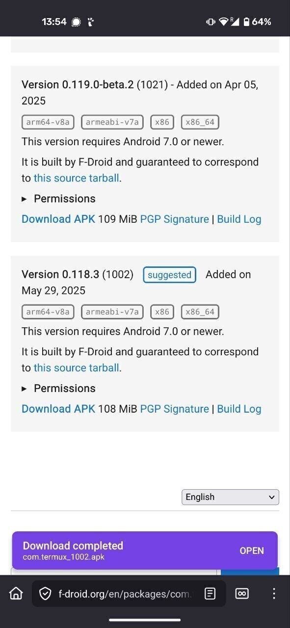 Downloading Termux APK, suggested version
