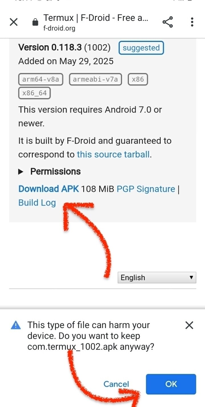 Downloading Termux APK, suggested version, click on blue text