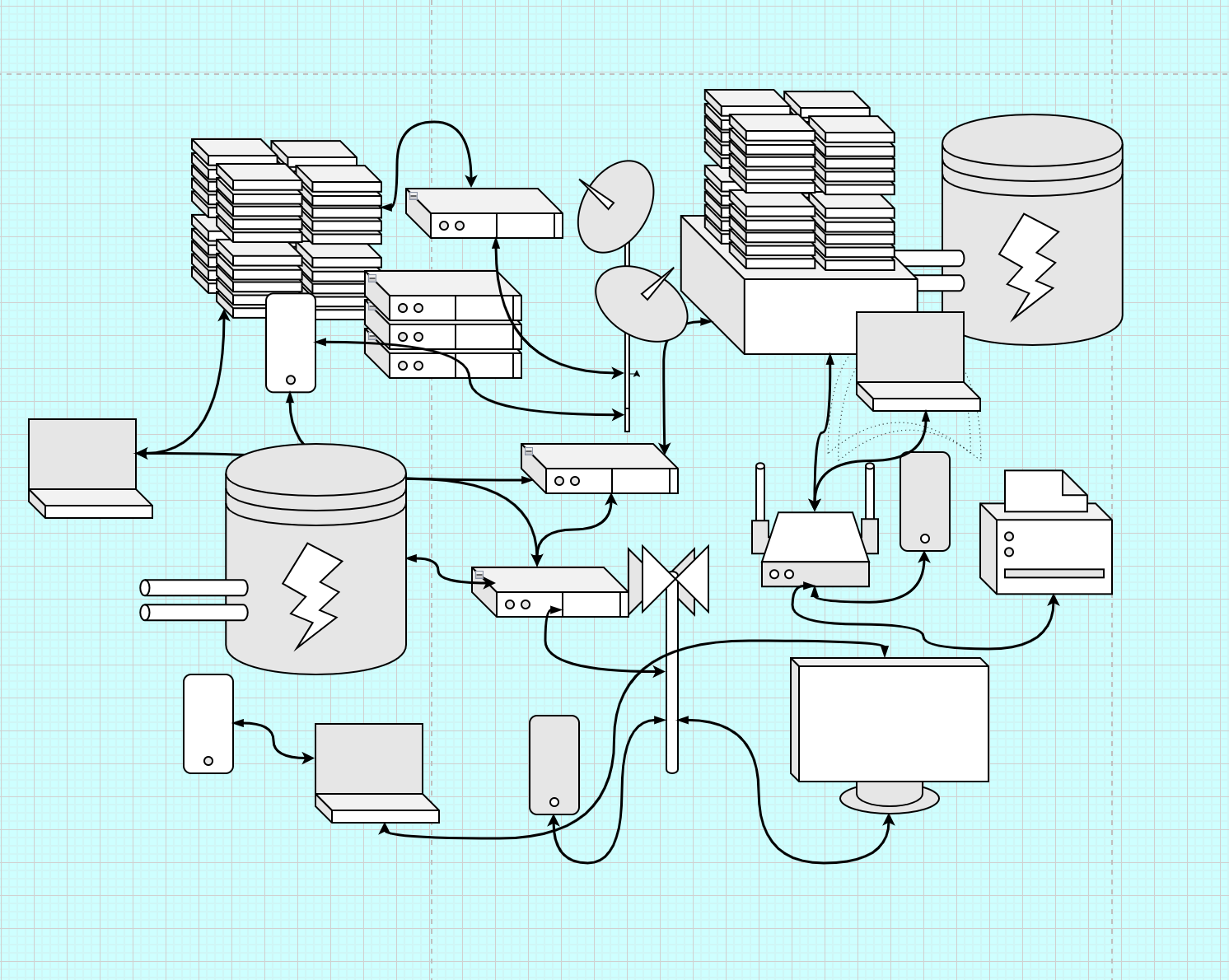 This illustration represents the internet as a network of different infrastructures: 1. Servers, 2. Clients devices, 3. Routing servers, 4. Power plants, antennas etc .Illustation by Marie Verdeil - License CC-BY-SA-NC