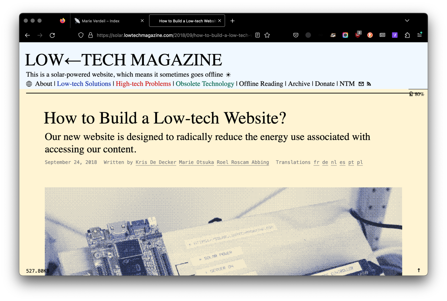 The website files are also compressed in size. Screenshot: An article about low-tech websites on Low-tech Magazine