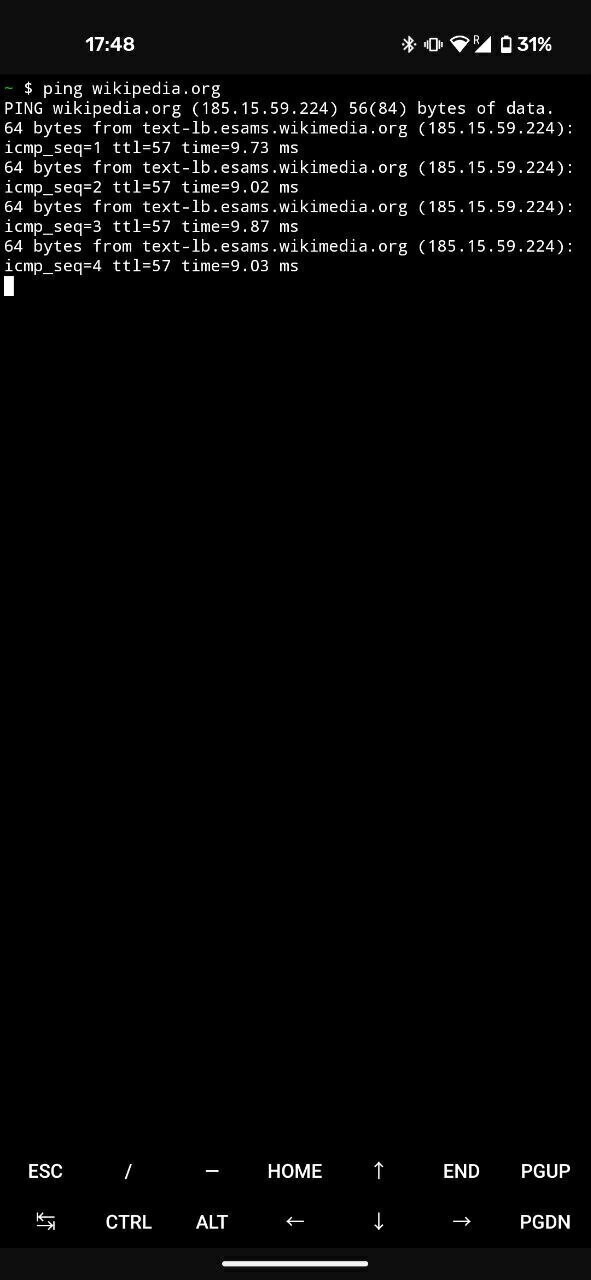 Screenshot of a phone with the ping command returning feedback from Wikipedia.org
