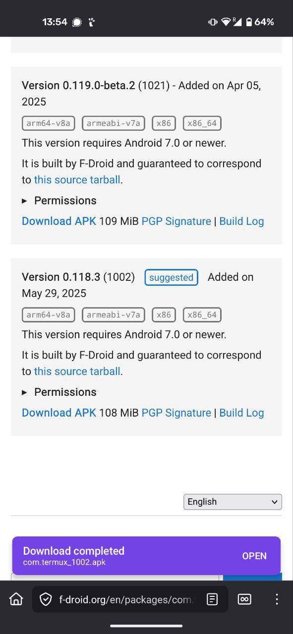 Downloading Termux APK, suggested version
