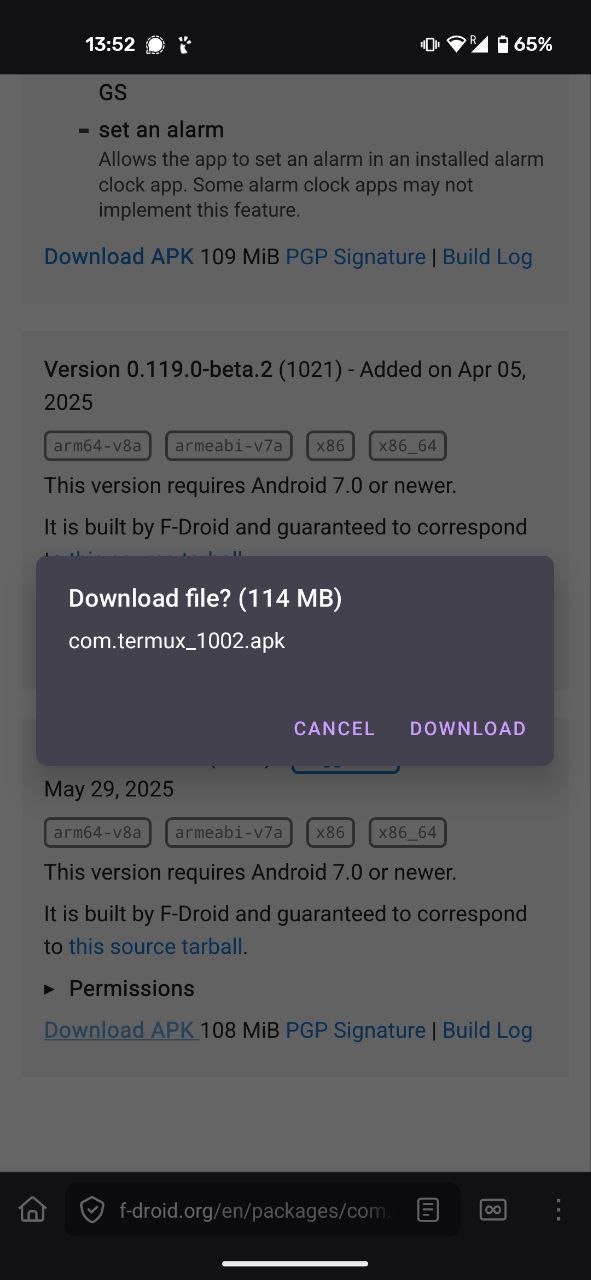 Installing Termux: download completed