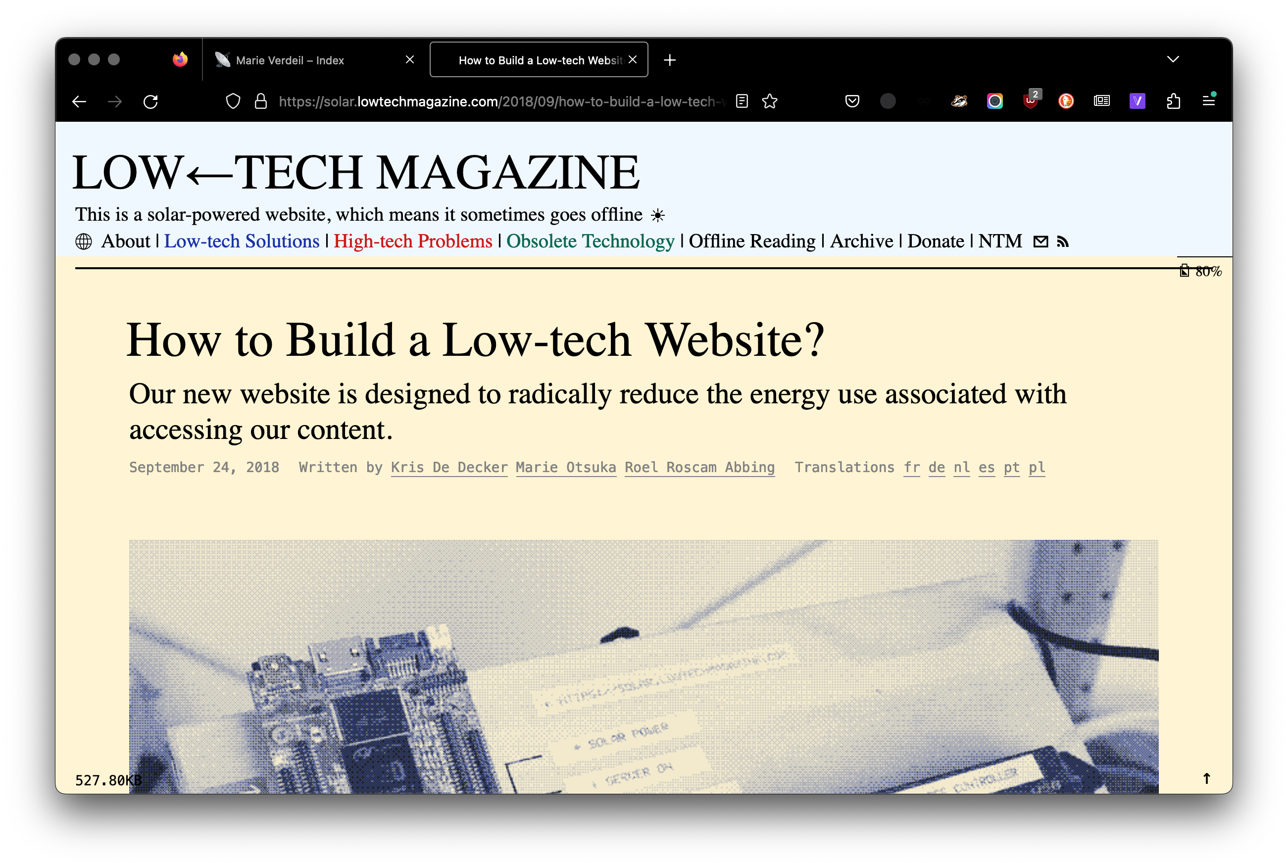 The website files are also compressed in size. Screenshot: An article about low-tech websites on Low-tech Magazine